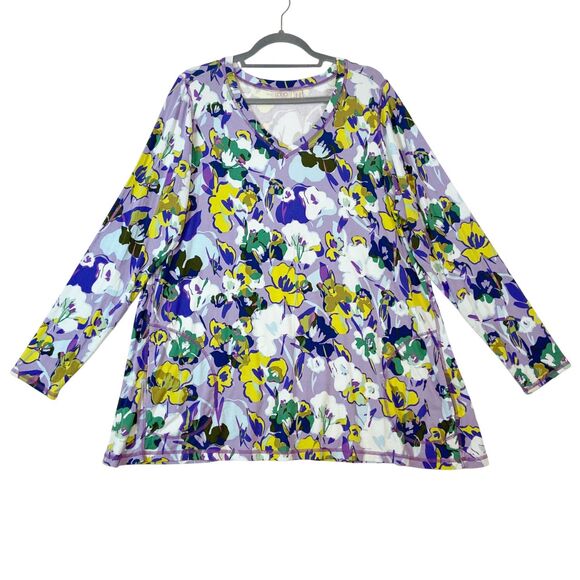 LOGO by Lori Goldstein Tops - LOGO Lori Goldstein Jersey Knit Flo Printed Top Women's 1X Purple Yellow Floral